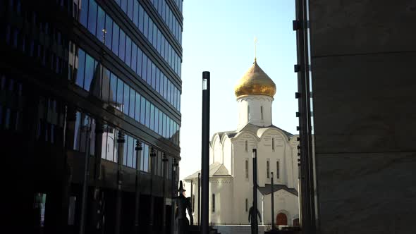 White Church is Located Between Two Buildings of the Business Center