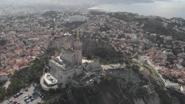 Aerial view of the basilica Notre Dame de la Garde in Marseille. France 2020 alt