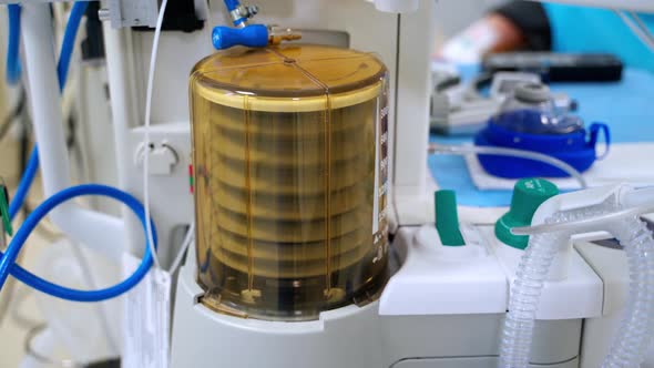 Mechanical ventilation equipment. Medical machine works in a ward during a surgery. alt