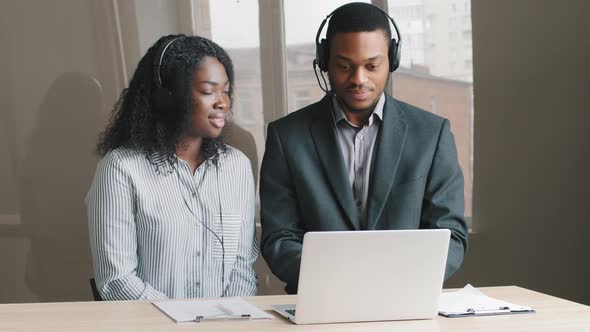 Happy Millennial Distant Workers Wears Headphones Video Calling Chatting By Webcam Elearning with alt