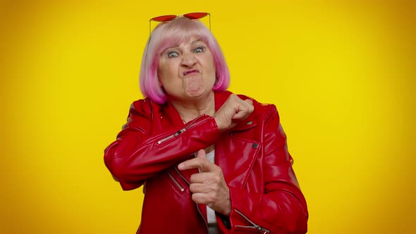 Elderly Woman Raising Hands in Indignant Expression Asking Why What Reason of Failure Irritation alt