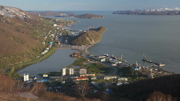 Timelapse Spring Top View of Petropavlovsk Kamchatsky City, Avacha Bay and Pacific Ocean