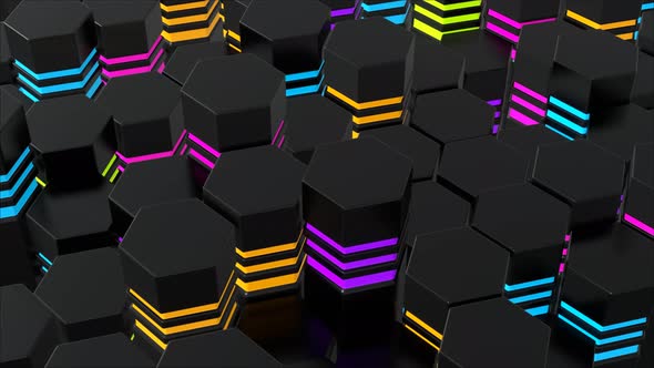 4K Abstract looped background waves of cubes on the plane and neon lights. A grid of cubes alt