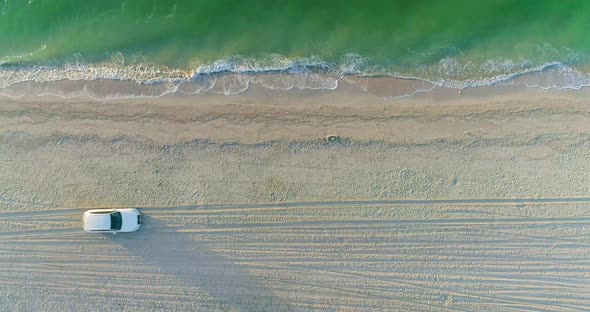 Car drives along the sandy seashore. Aerial view