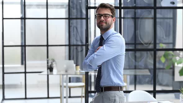 Smiling young happy businessman looking at camera standing at office alt