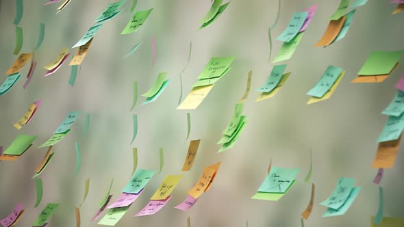 The collage of colorful adhesive post-it notes on the wall flying away.