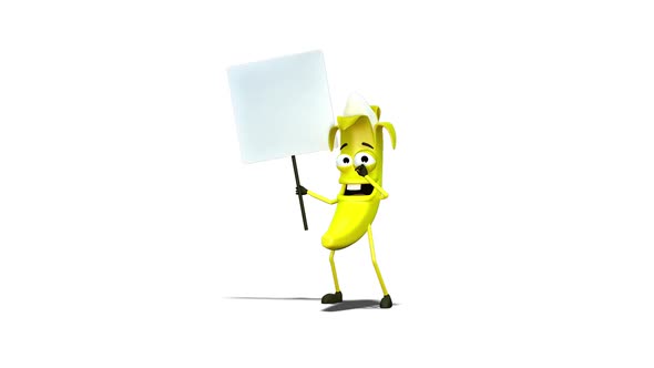 Banana Stands With A Sign In His Hands on White Background alt