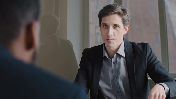 Caucasian Professional Male Business Man Expert Advice Talking Consulting Unrecognizable Afro alt