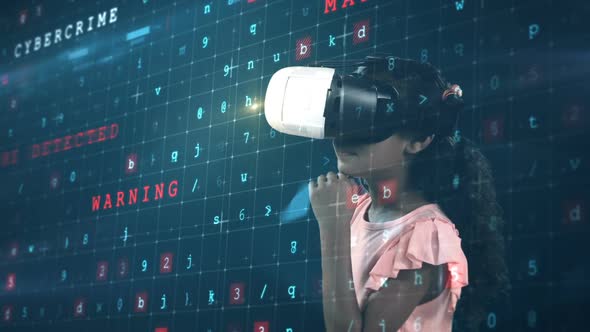 Girl using virtual reality headset and digital screen alt