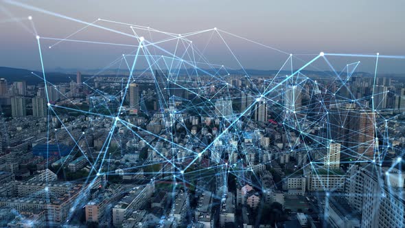 smart Connected city skyline. Futuristic network concept, city Technology. alt