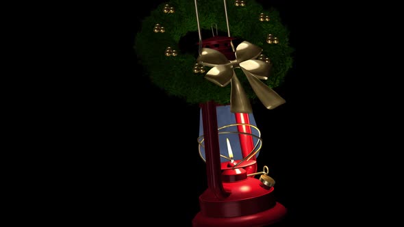 Xmas Lantern - Red Lamp, Green Wreath, Golden Bow - Burning and Swinging - CU Loop - Alpha Channel