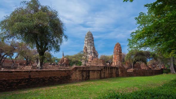 Time-lapse of Ruins of Wat Ratcha Burana temple in Ayutthaya historical park, Thailand