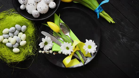 Easter Spring Table Dishware Composition with Yellow Tulip Flower alt