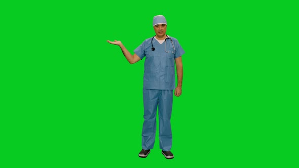 Doctor With Stethoscope Talking And Presenting Something on Green Screen