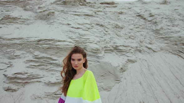 Portrait of Young Happy Charming Girl with Straight Brown Hair and Blue Eyes Wearing in Striped alt