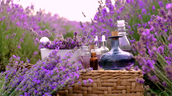 Lavender Cosmetics in a Field with Flowers