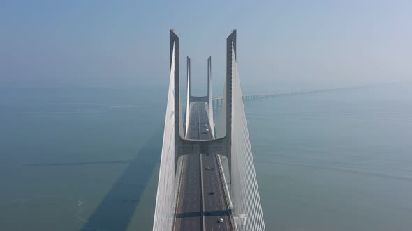 Lisbon Portugal Aerial View of the Vasco Da Gama Bridge on a Foggy Beautiful Morning During Car alt