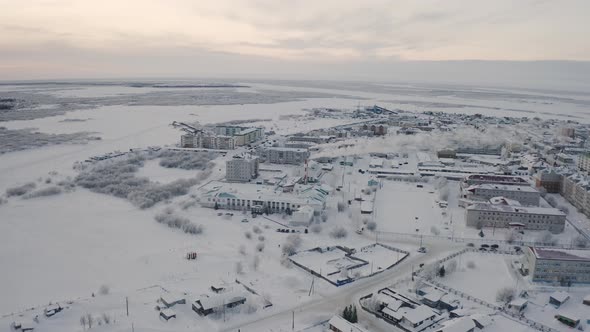 Aerial View of the Arctic City at the North Pole at Sunset