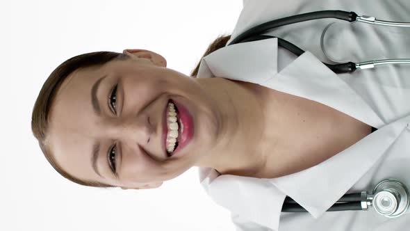 Vertical Shot Happy Attractive Doctor Having Laughing Showing Like Sign on White Background