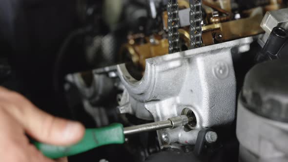 Car Mechanic Assembles Parts Of Car Engine With Screwdriver In The Repair Shop alt