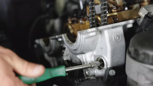 Car Mechanic Assembles Parts Of Car Engine With Screwdriver In The Repair Shop