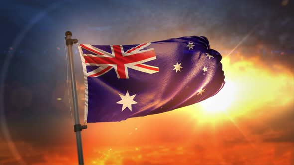 Australia Flag Backlit At Beautiful Sunrise Loop Slow Motion alt