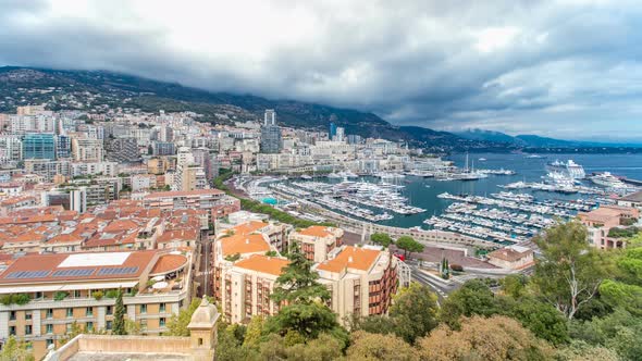 Monte Carlo City Aerial Panorama Timelapse. View of Luxury Yachts and Apartments in Harbor of Monaco alt