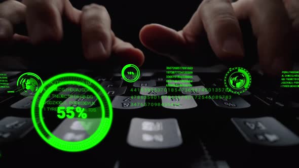 Man Working on Laptop Computer Keyboard with Graphic User Interface GUI Hologram alt
