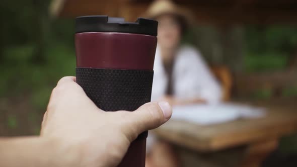 Hiking Cup Of Tea The Hand Passes The Girl To The Hands Of A Thermos Of Tea, Tea Outdoor Recreation alt