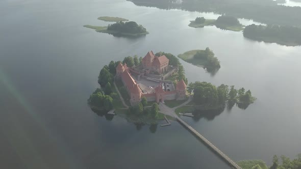 Aerial view medieval Trakai castle on island in lake Galve morning Lithuania historic architecture
