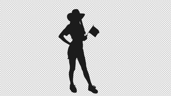 Silhouette of Cheerful Girl in Cowboy Hat Standing with Waving Flag