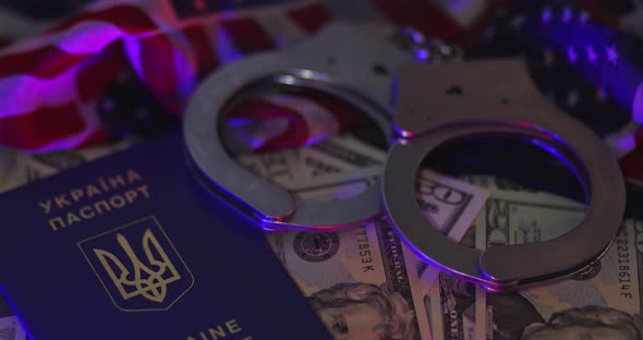 Criminal Corruption Handcuffs Money Dollar Bills of Light Flasher Police in Passport Ukraine alt