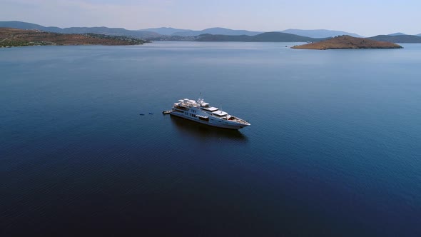Aerial shot of the yacht in the Aegean. Turkey