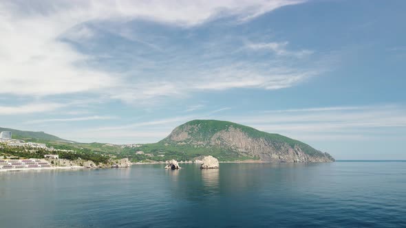 GURZUF CRIMEA Aerial Panoramic View on Gurzuf Bay with Bear Mountain AyuDag and Rocks Adalary Artek alt