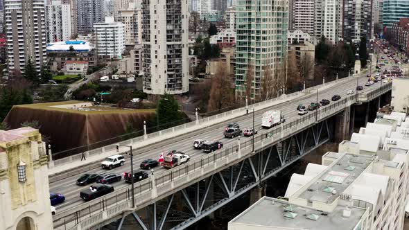 Heavy Traffic During The Convoy Of Protest Rally At Burrard Bridge In Vancouver, Canada. Aerial Dron alt