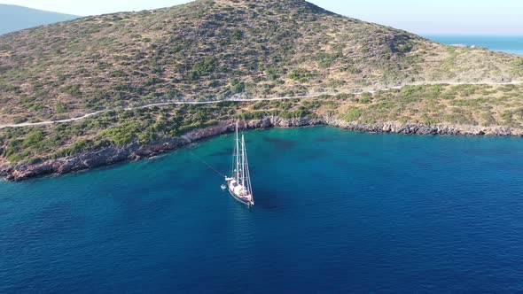 Aerial View of a Yaht Moored Near Spinalonga Island, Crete, Greece