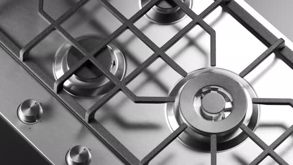 Clean, metal gas cooktop arranged in an endless pattern. Looping animation. 4KHD