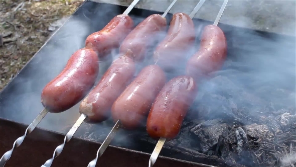 Sausages Fried On Charcoal Grill, Barbecue