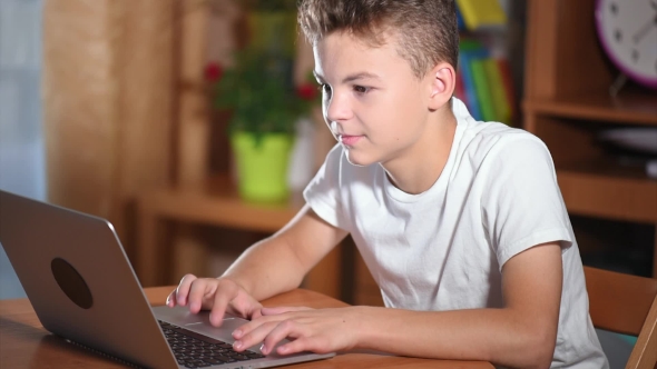 Teen Boy Working On Laptop