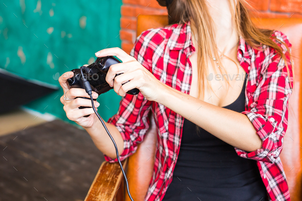 technology, virtual reality, entertainment and people concept - woman with vr headset playing game. - Stock Photo - Images