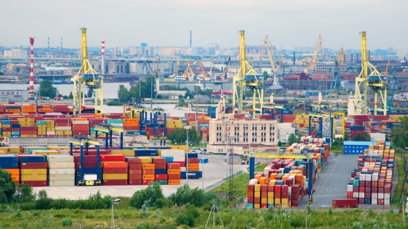 timelapse of the seaport with cranes, ships, containers and cargo in Saint-Petersburg, Russia