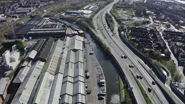 Aerial footage of the A50, A500 motorway, dual carriage way in the heart of the city of Stoke on Tre alt