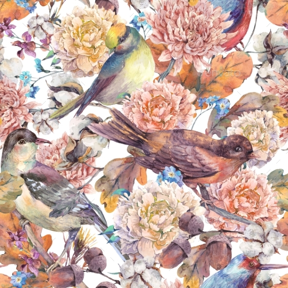 Vintage Watercolor Seamless Pattern With Birds And - Backgrounds Decorative