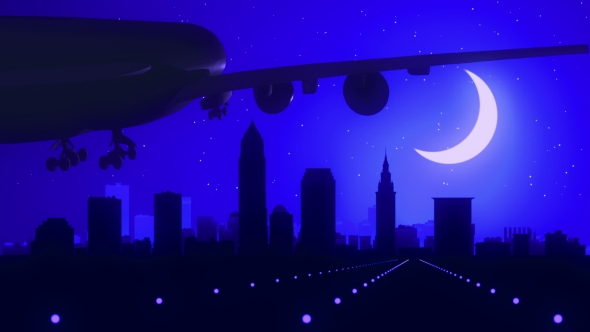 Cleveland Ohio USA Airplane Landing Skyline Moonlight Night  alt