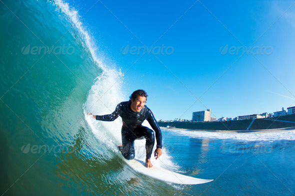 Surfer On Blue Ocean Wave - Stock Photo - Images