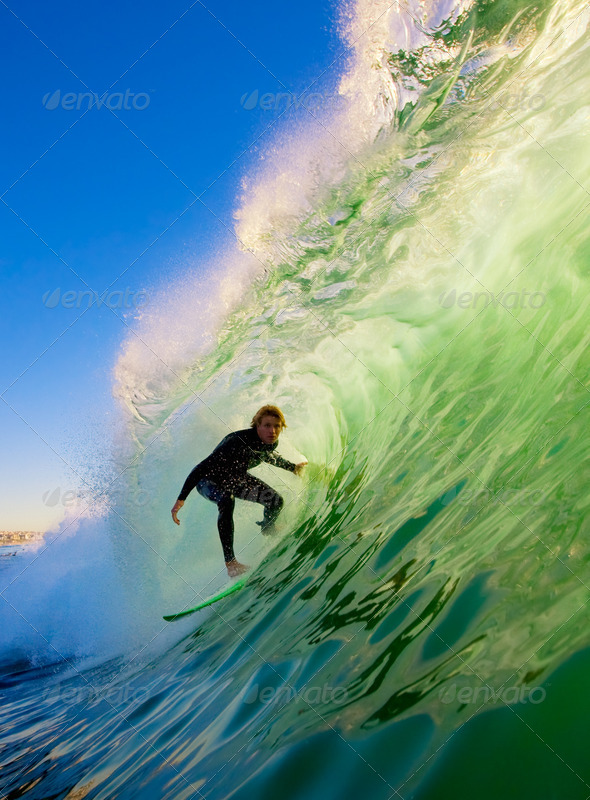 Surfer On Blue Ocean Wave - Stock Photo - Images