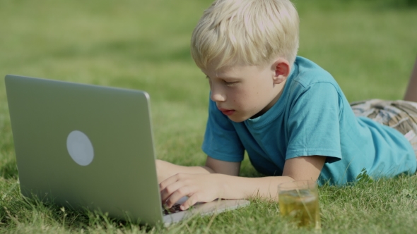 Boy Using Laptop Computer On Meadow alt
