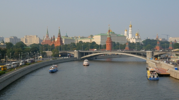 Panorama Of Moscow With Kremlin And River In Summer Time Lit Of Bright Setting Sun