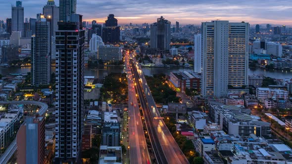 Bangkok traffic toward downtown during rush hour in early morning - time lapse