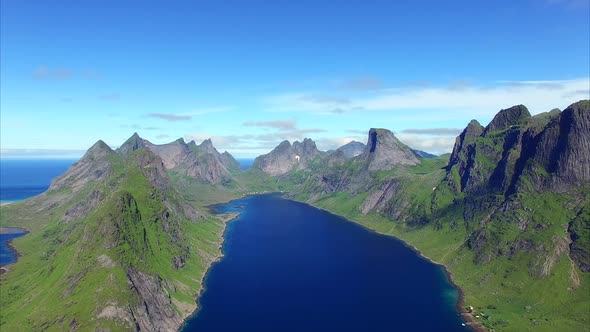Aerial of fjord on Lofoten islands, Norway alt